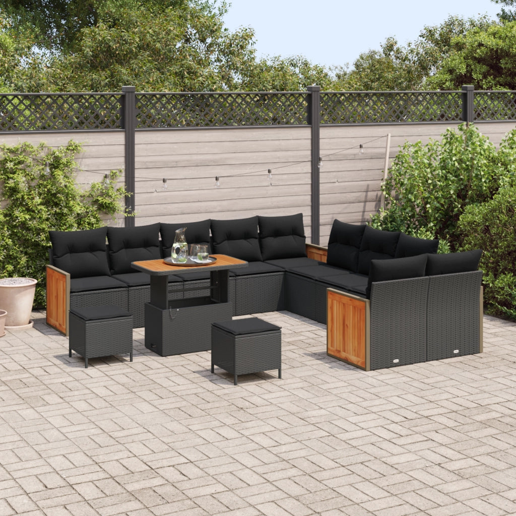Set divano giardino 13 pezzi con cuscini neri in polyrattan e acacia
