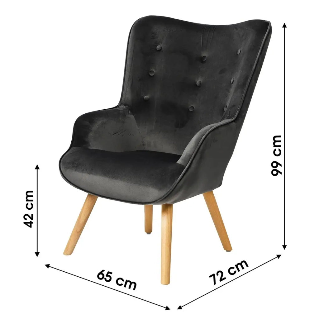 Poltrona da salotto in velluto grigio scuro con piedi in legno collezione ENJOY. Stile scandinavo.