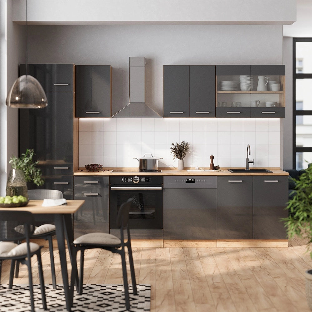 Cucina componibile R-Line Antracite lucido/Rovere dorato 300 cm, PL Antracite Vicco