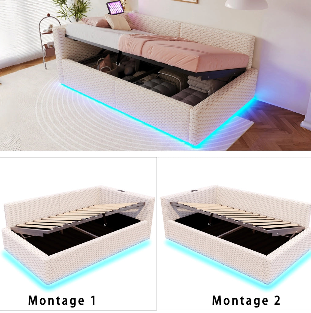 Letto imbottito singolo ULEVR 90x200 cm con contenitore idraulico, LED, 2 USB e Type-C, velluto beige