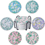 Set di 6 sottopiani ceramici, sottopiani con supporto, sottopiani per tavolo salotto, assorbenti per bevande, decorazione per cucina e sala da pranzo, diametro circa 10 cm, con motivi a fiore.