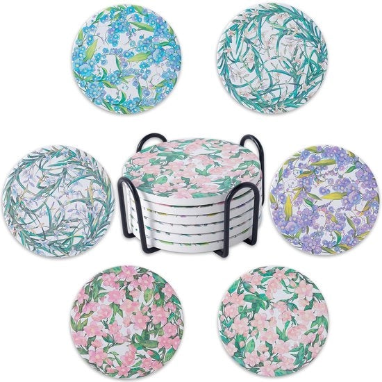 Set di 6 sottopiani ceramici, sottopiani con supporto, sottopiani per tavolo salotto, assorbenti per bevande, decorazione per cucina e sala da pranzo, diametro circa 10 cm, con motivi a fiore.