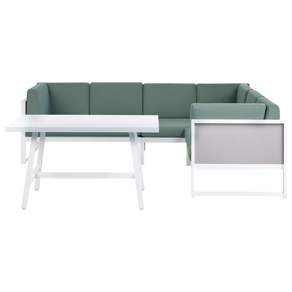 Set da salotto da giardino con tavolino bianco in alluminio bianco con cuscini verdi e tavolino stile moderno esterno