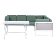 Set da salotto da giardino con tavolino bianco in alluminio bianco con cuscini verdi e tavolino stile moderno esterno