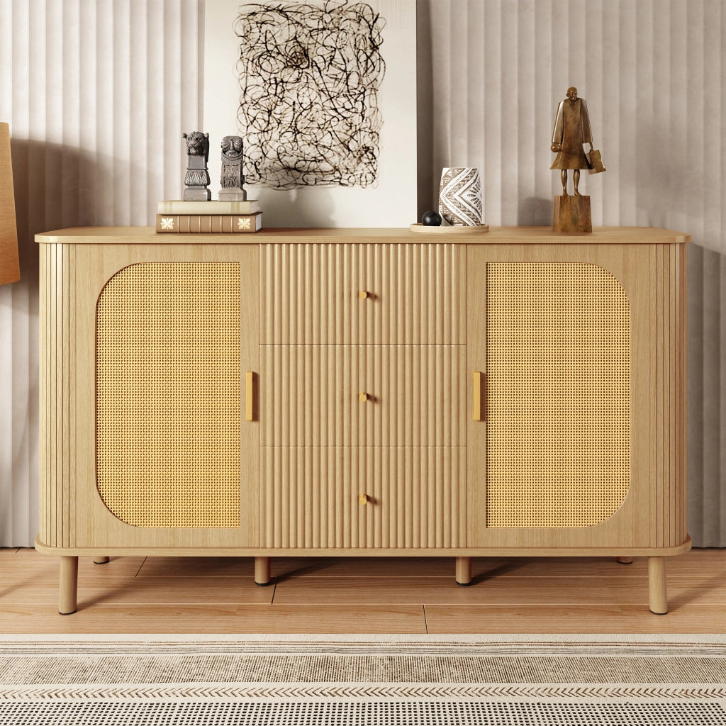 OKWISH Madia con 2 Ante e Cassetti, Frontali in Rattan e Passacavi, per Soggiorno, MDF, Naturale, 140×40×80 cm
