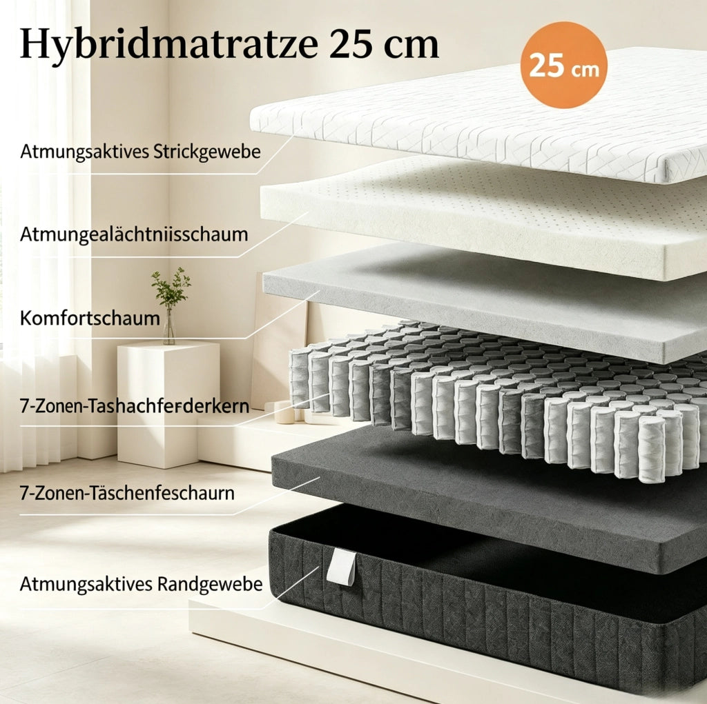 Materasso 140x190 cm a molle insacchettate 7 zone e memory foam; 25 cm; bianco/grigio