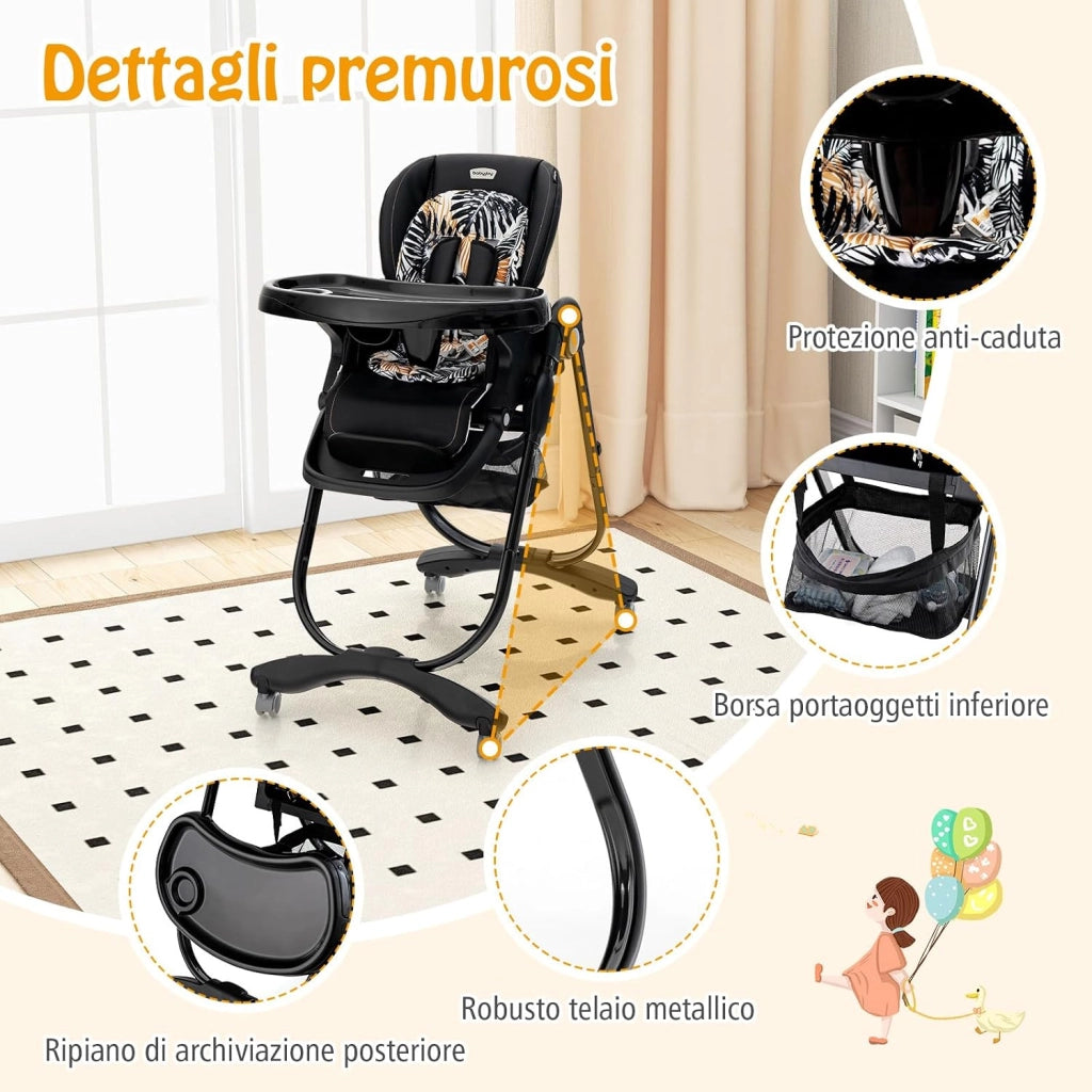 Seggiolone Pappa Bambini Pieghevole, Altezza Regolabile (Nero) | Seggiolone Multifunzione con 4 Ruote, Poggiapiedi e Schienale, Vassoio Rimovibile, per 6-36 Mesi, Fino a 15 kg
