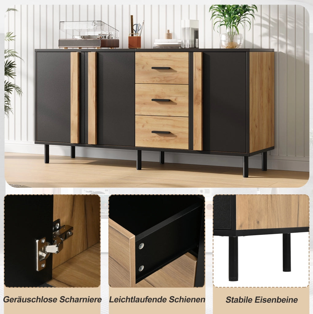 Credenza 140x35x70 cm in MDF con 3 ante e 3 cassetti; nero e effetto legno