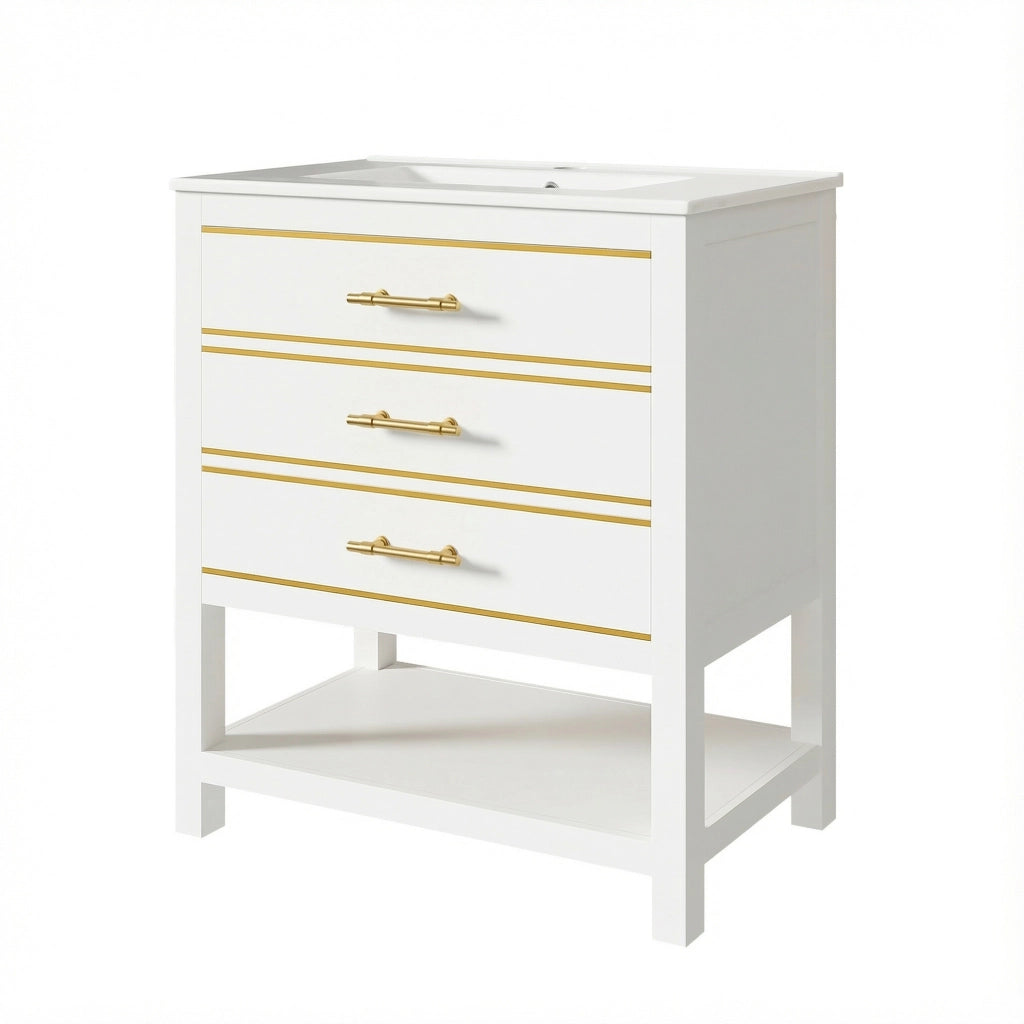 Mobile sottolavabo con lavabo in ceramica, 2 cassetti e vano aperto in MDF laccato bianco oro 76 × 46,5 × 86 cm