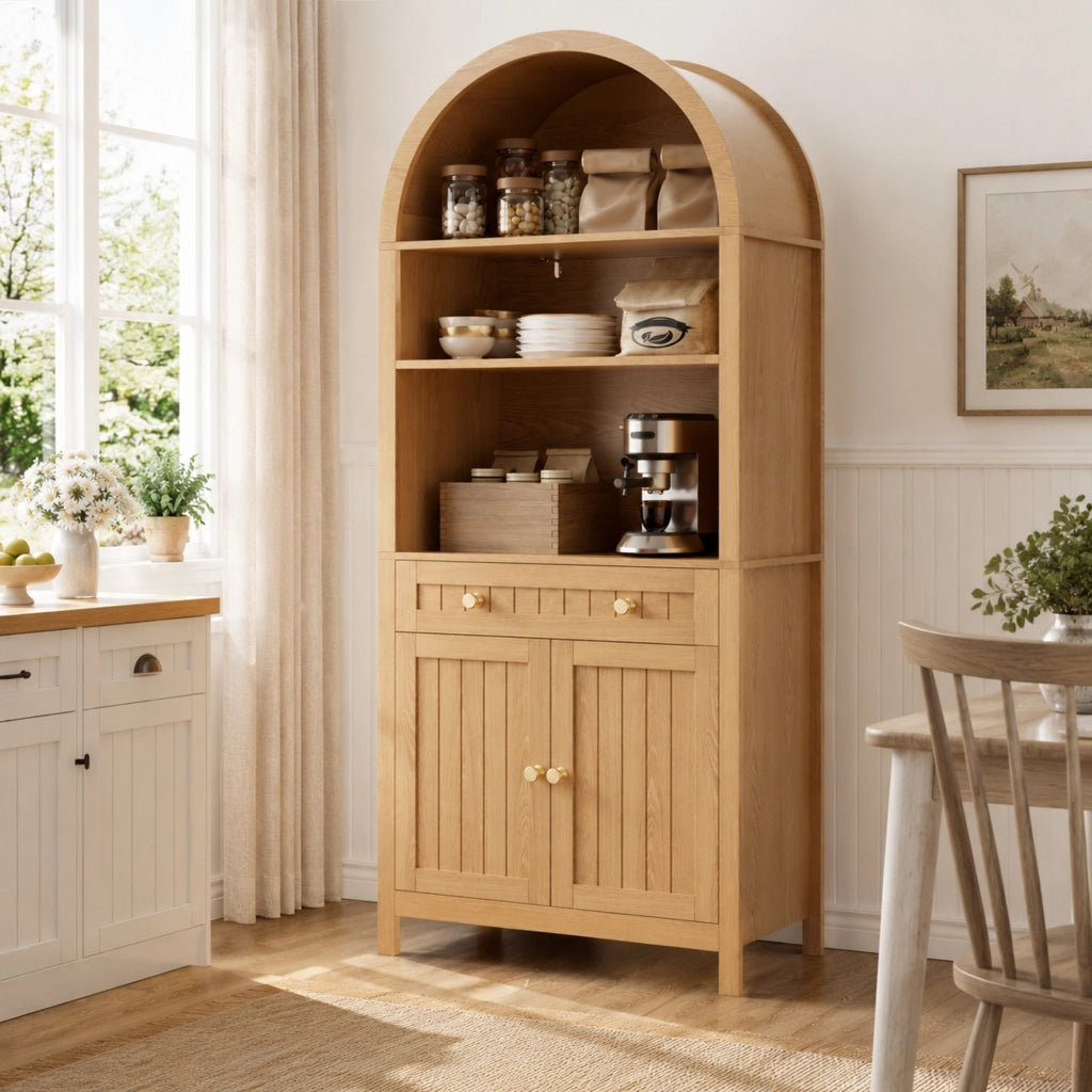 Mobile dispensa alto con ripiani aperti; cassetto e portaspezie nelle ante in MDF e truciolato naturale 76 × 40 × 180 cm