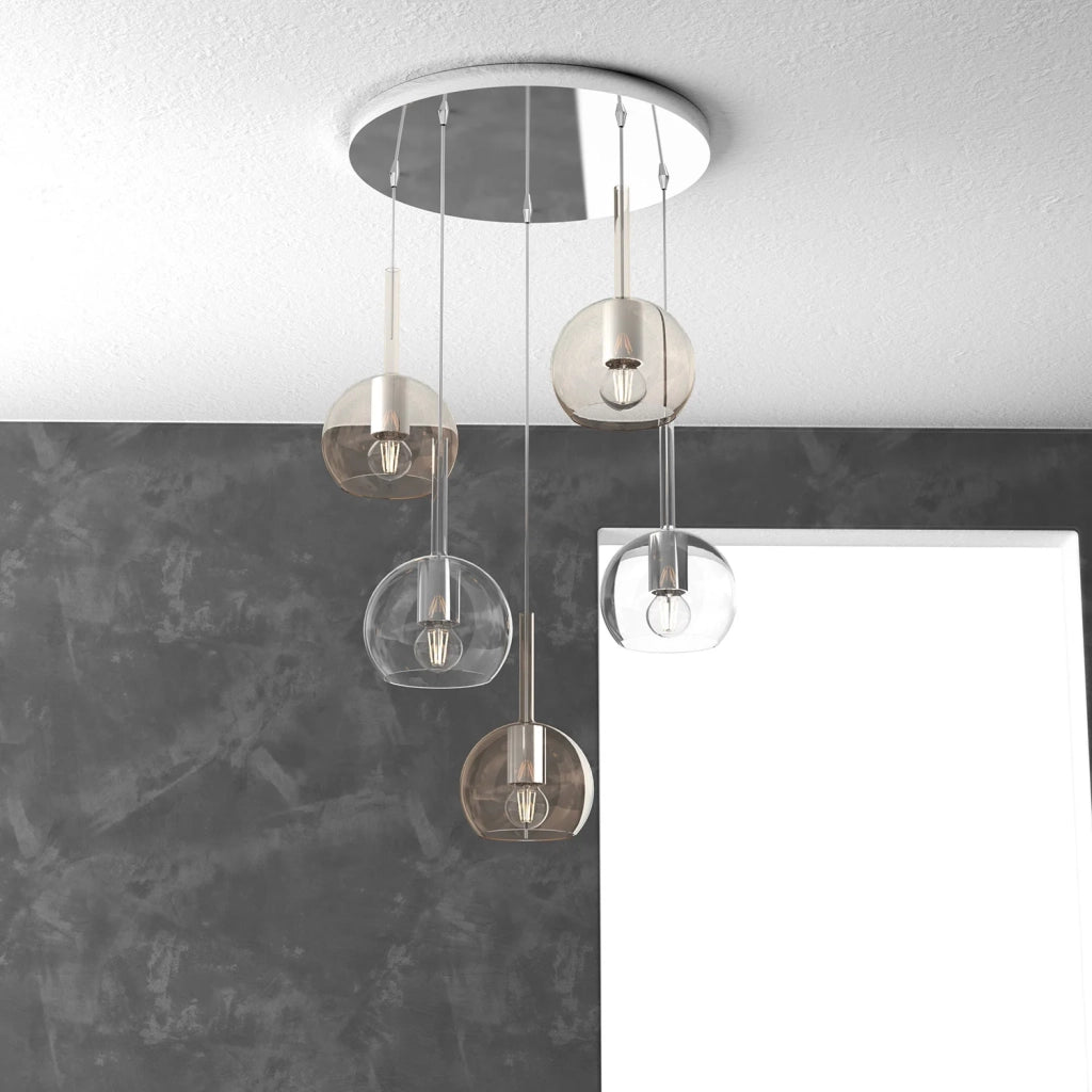 Lampadario Contemporaneo Future Metallo Cromo Vetro Trasp-Ambra 5 Luci E27
