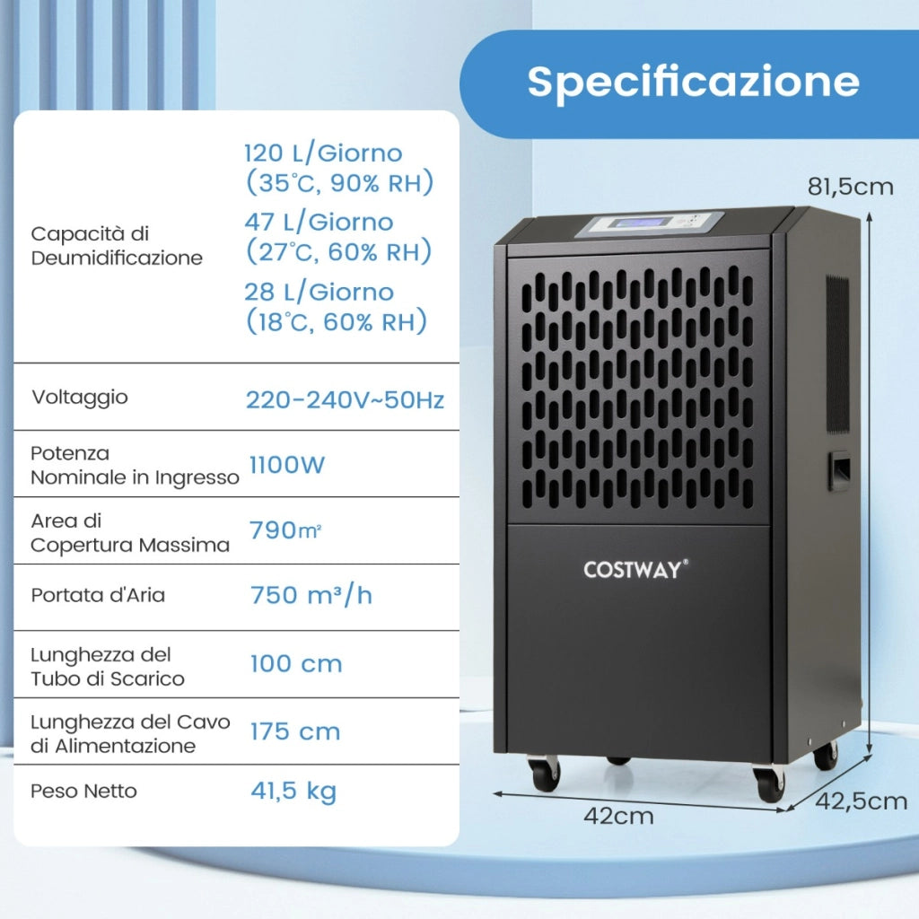 Deumidificatore commerciale 118L con tubo di scarico, Deumidificatore per impieghi gravosi per spazi fino a 790©O Nero-Condizionatori aria