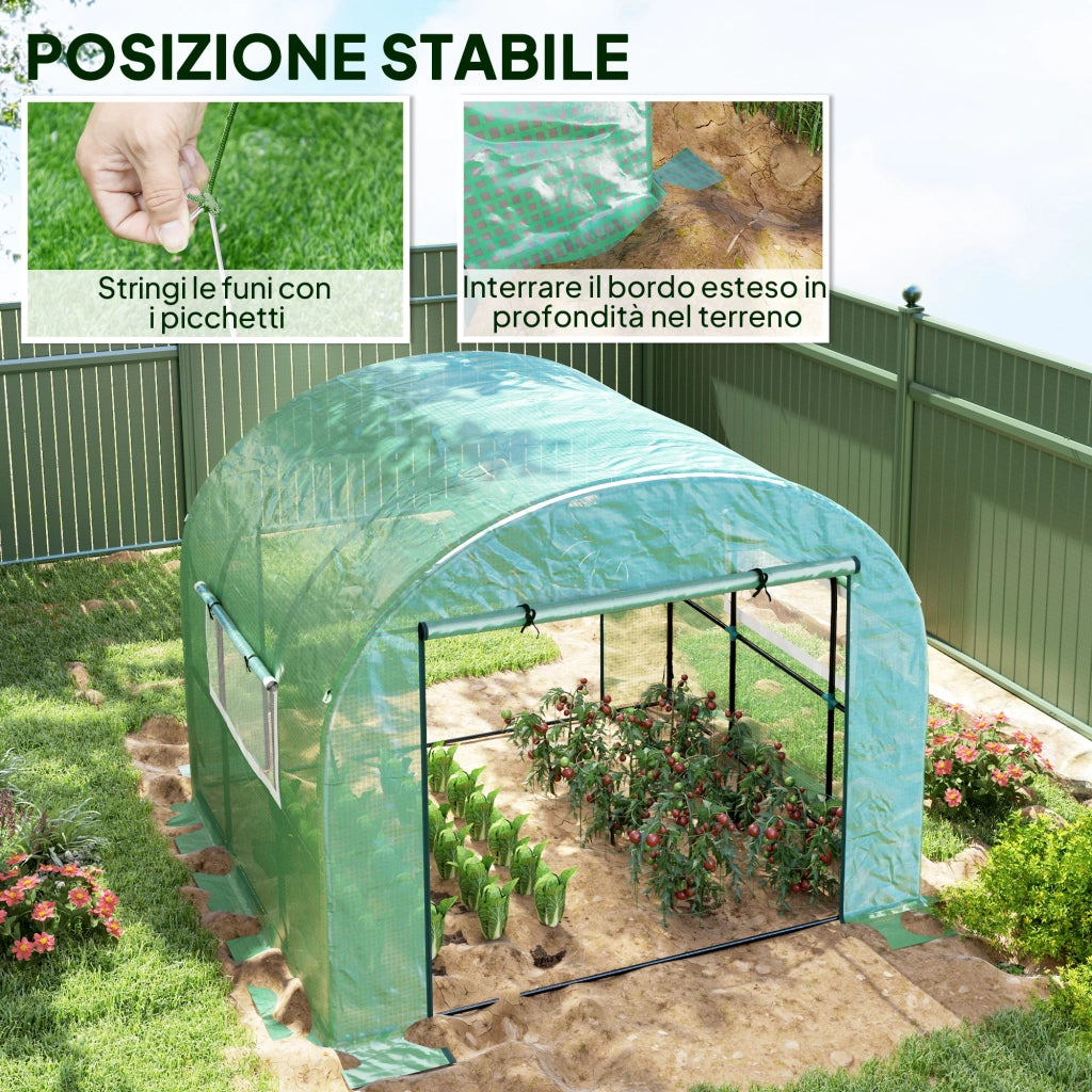 Serra a Tunnel per Orto 3x3x2 m con Porte Avvolgibili e Finestre in Acciaio e PE Anti UV Verde