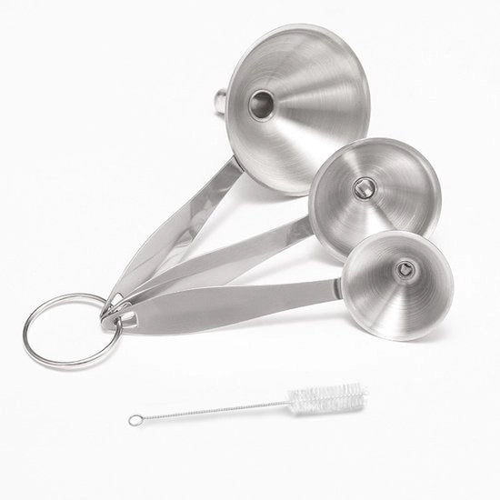 Trechterset 3 in 1 con setaccio metallico e spazzola - Set di trechetti - Trechetti piccoli - Trechetti in acciaio inossidabile per la cucina - Utilizzati per riempire flaconi, trasferire oli essenziali, liquidi, erbe, ingredienti secchi, polveri