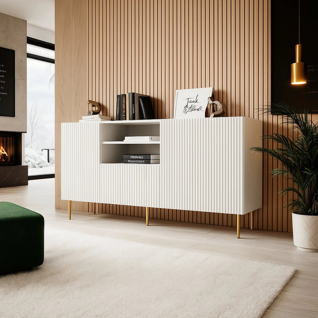 Credenza Stornara, Madia da salotto con due ante battenti, un cassetto e due vani aperti, Design con effetto cannettato, 150x42 h82 cm, Bianco