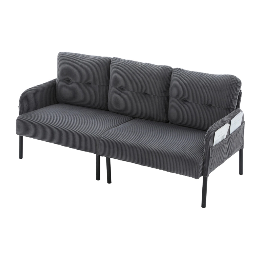 Divano a 3 posti in corduroy grigio 171x72x80 cm con tasca laterale e struttura in metallo