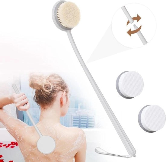 Spazzola per la doccia con setole lunghe crema - Spazzole per la doccia con setole naturali - Incluso 2 pad sostituibili - Manico ultraleggero