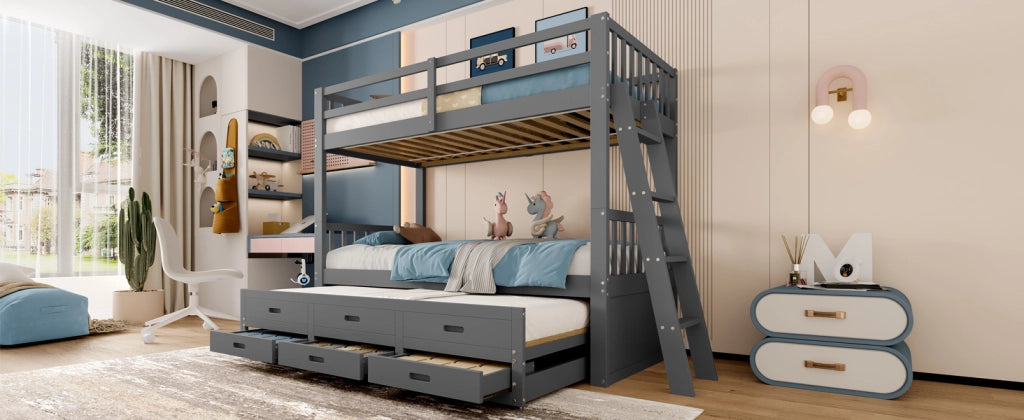 DESMIU Lit a castello per bambini 90 × 200 cm 3 posti con 3 cassetti e letto estraibile, senza materasso, grigio