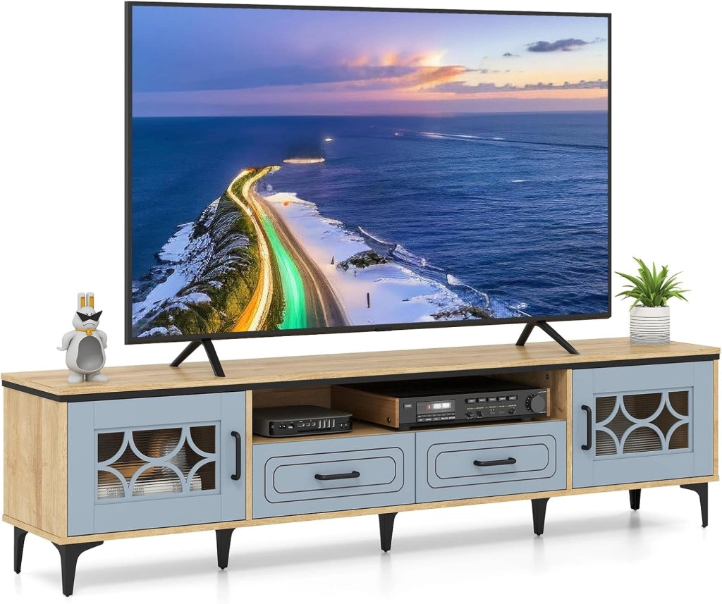 Mobile TV basso per TV fino a 80 pollici, Panca TV, 2 Armadietto con porta e ripiani aperti, Mobile telle con 2 cassetti e foro dei cavi, 180,5 x 35 x 46 cm (bianco)