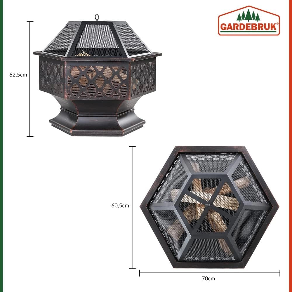 ® Braciere Esagonale 70x60,5cm Acciaio Parascintille Attizzatoio Bracieri Esterno Giardino