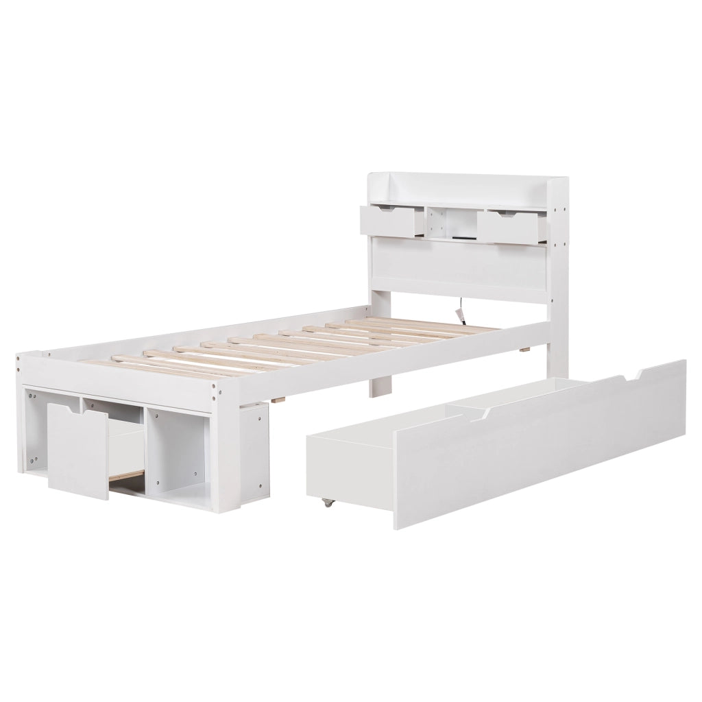 OKWISH Letto Singolo 90×200 cm con USB, Tipo C, 2 Cassetti, Armadietto Contenitore e Ripiani, senza Materasso, in Pino, Bianco