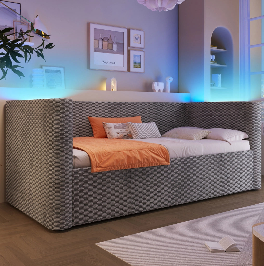 Divano letto 90x200 cm in velluto con contenitore idraulico e LED