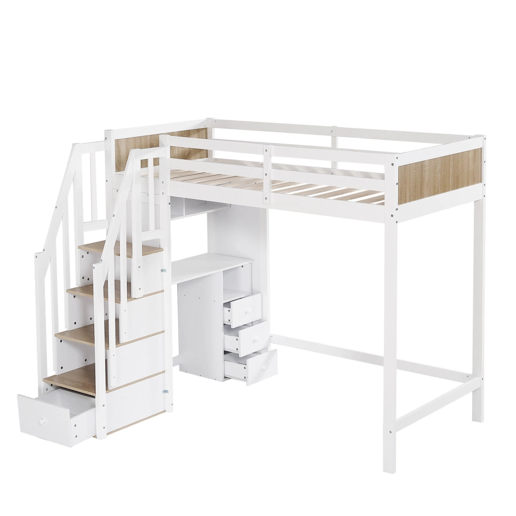 Letto a Castello 90x200 cm con Scrivania; 3 Cassetti; Scala Contenitore e Libreria