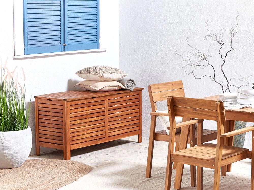 Cassa baule cesta da giardino in legno scuro di acacia 130 x 64 cm con coperchio per mobili da esterno