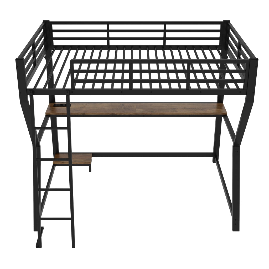 Letto a soppalco singolo 90×200 cm con LED; scrivania; presa USB e scala; senza materasso; metallo; nero
