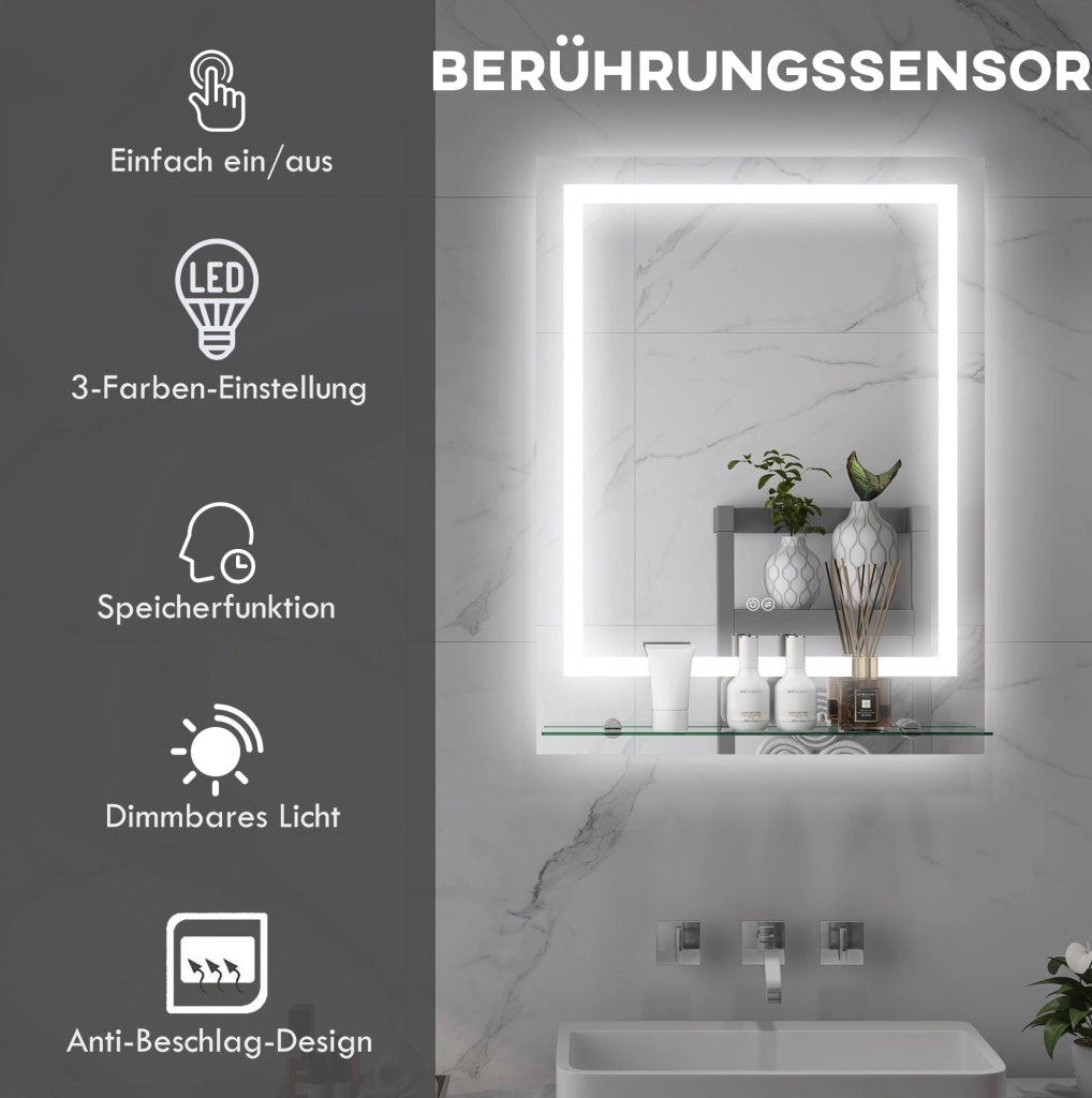 Specchio bagno ULEVR LED 70x50 cm con mensola, antiappannamento, luce regolabile 3 tonalit¨¤ e touch
