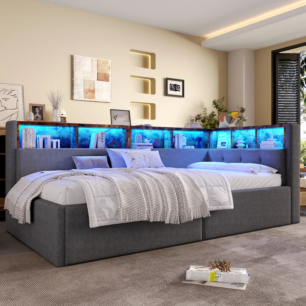 Letto divano 140x200 con letto estraibile e LED dimmerabile; pino e MDF; bianco