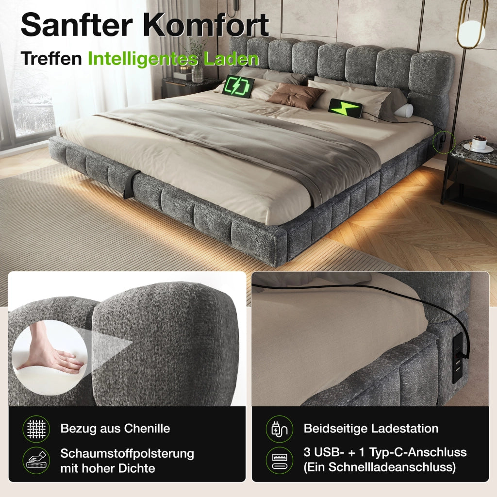 letto imbottito chenille legno grigio 180x200 cm