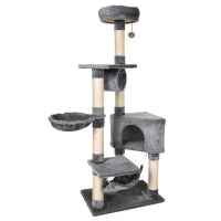 Tiragraffi a Colonna per Gatti con Cuccia, Amaca, Lettini Sospesi e Pali in Corda Sisal, Grigio, 60x40x154cm