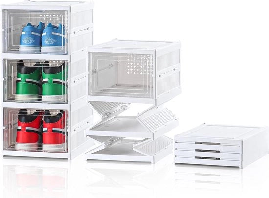 Sistema di conservazione dei calzari, trasparente, ripiegabile, installazione facile, set di 3 cassetti, contenitore per scarpe con porta per armadio, parete, scarpe da ginnastica, scarpe alte, fino a numero 45, bianco