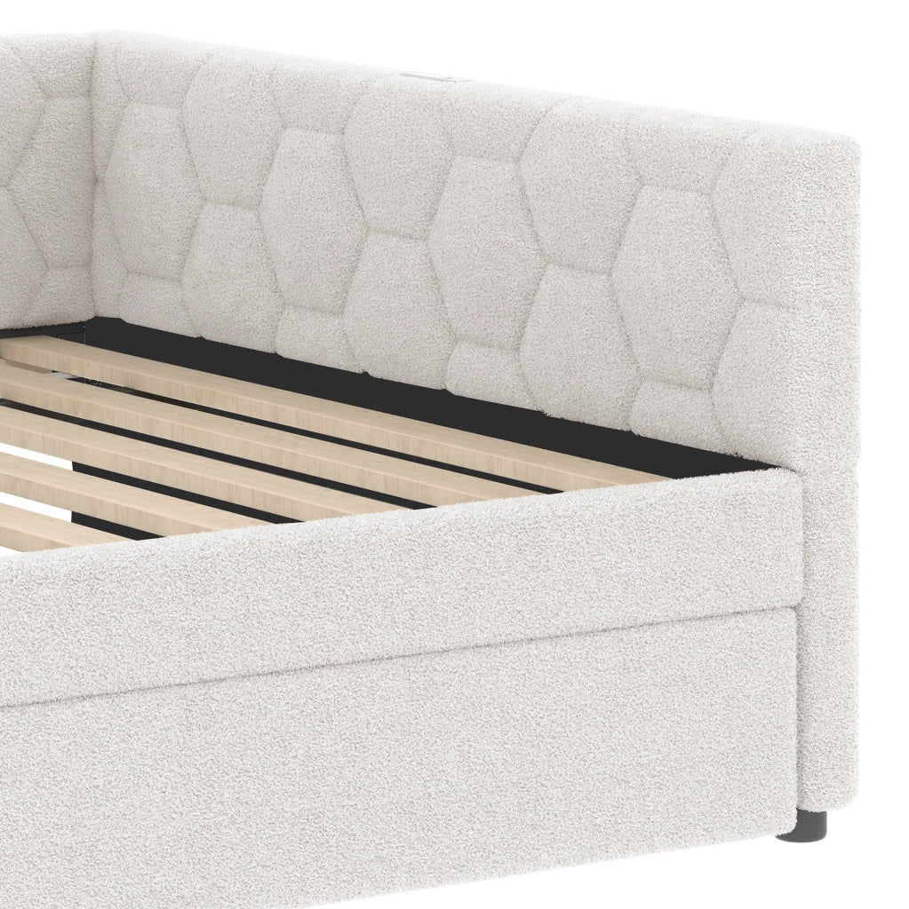 Letto con rete e letto estraibile 140 x 200 cm, bianco, con luce notturna e porte USB