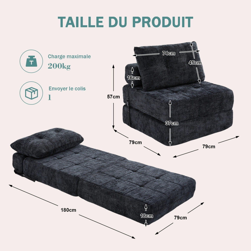 Divano Letto Pieghevole con Schienale e Cuscini Testa e Lombare; in Ciniglia Nero; 79 × 79 × 57 cm