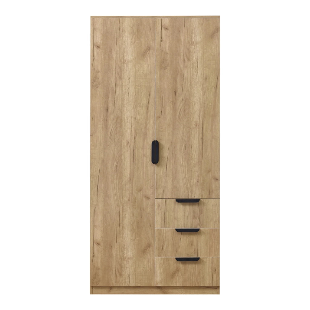Armadio moderno per camera da letto mobile contenitore senza tempo 1 asta appendiabiti 4 ripiani 3 cassetti MDF 176 x 80 x 52 cm effetto rovere 03_0006370