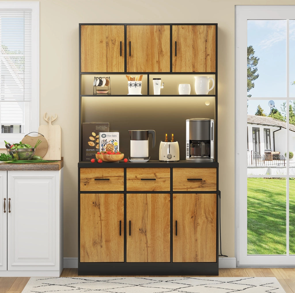 Credenza cucina moderna 100 x 40 x 180 cm in PB e MDF; nera e naturale; con LED e prese USB