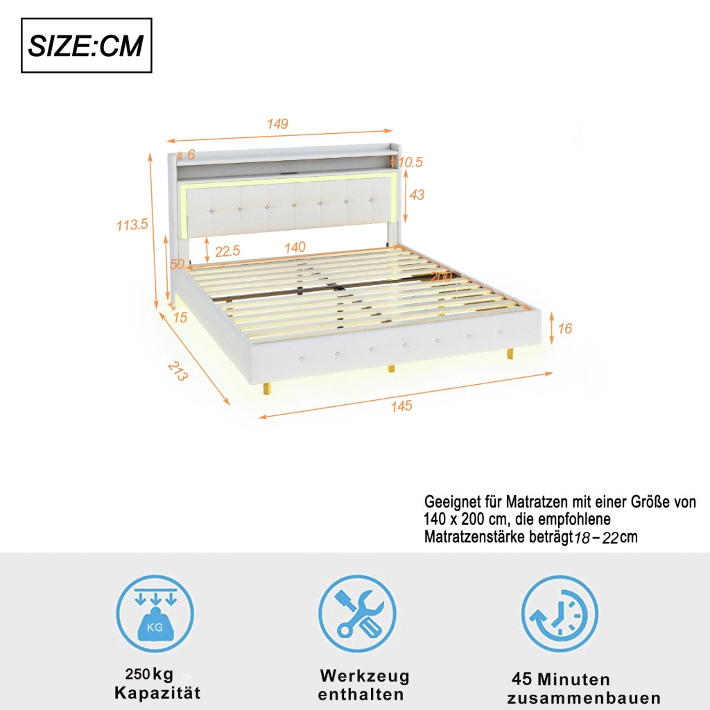 LETTO imbottito 140x200 cm beige in lino con USB e luci LED