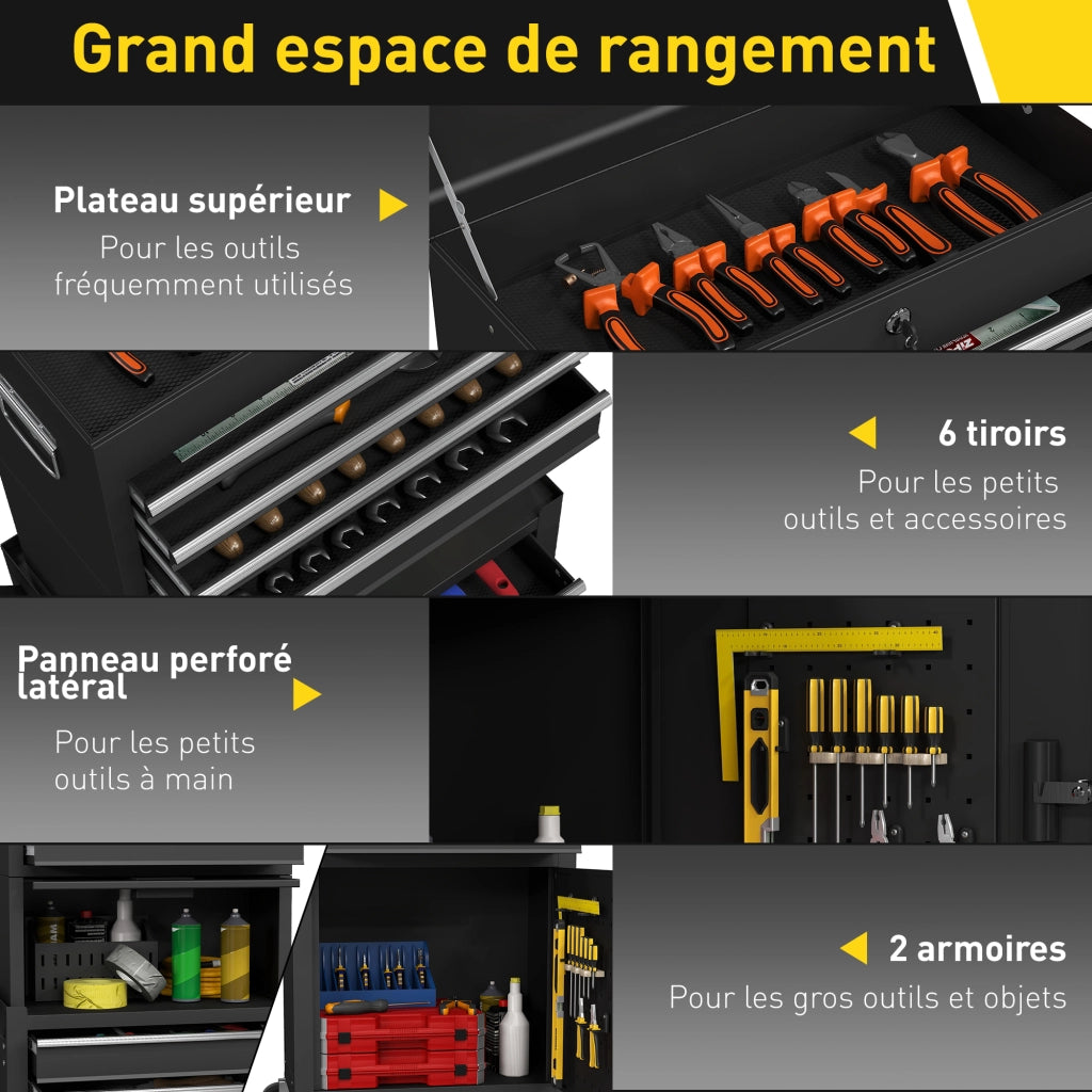 Carrello per attrezzi 3 in 1 con cassetti e pannello forato ¨C zephmum ¨C nero, acciaio
