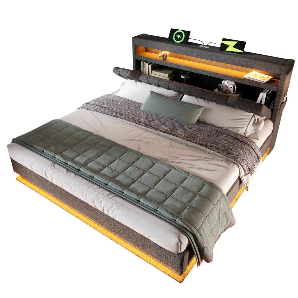 Letto in lino grigio 140x190 testiera contenitore USB/Type-C LED su testiera e pediera vano
