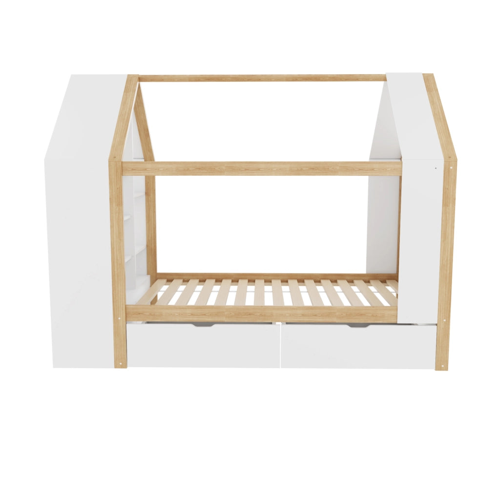 Letto a casetta 90x200 cm con LED e 2 cassetti in legno bianco