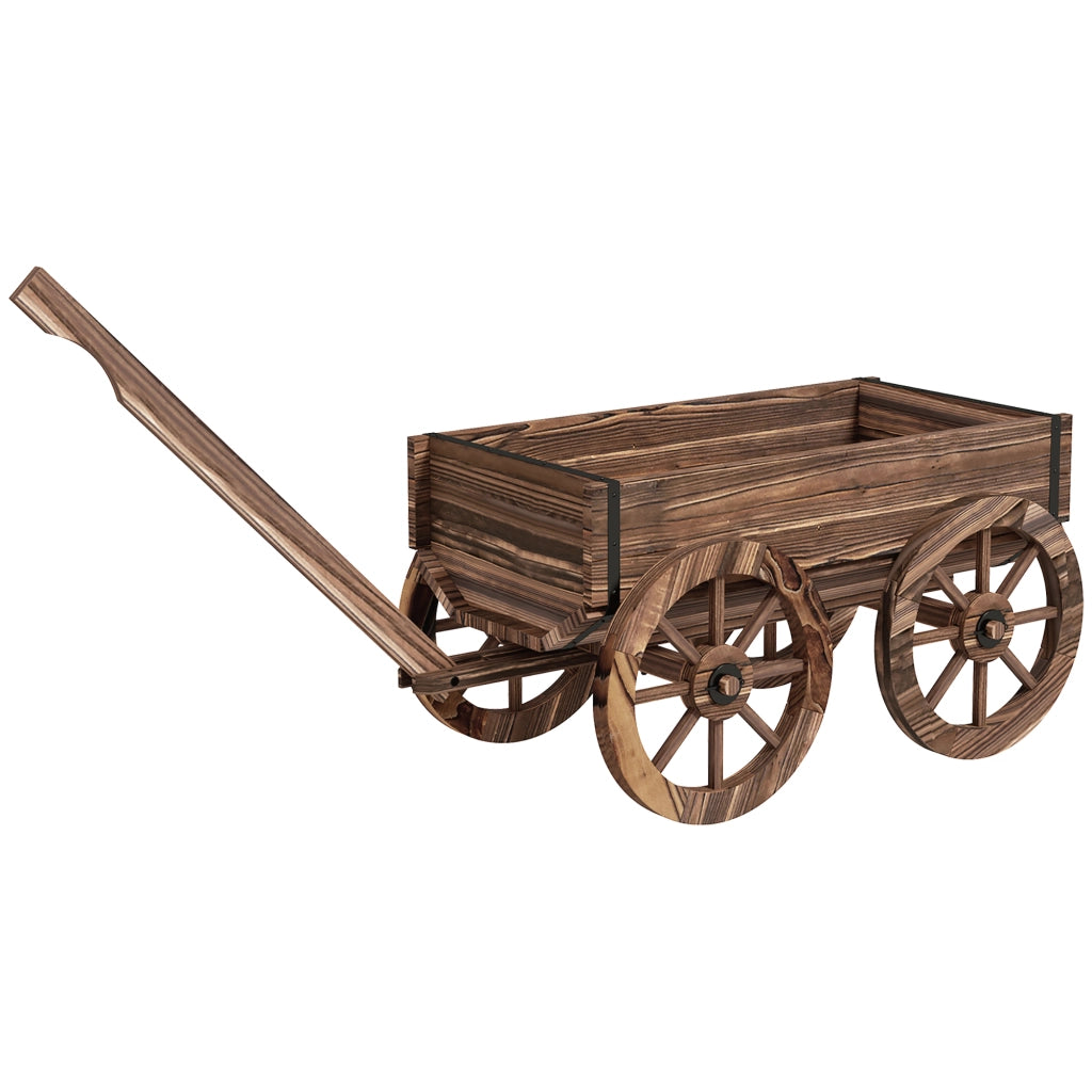 Carrello portafiori in legno con manico, fioriera da esterno con ruote, 34 L, marrone
