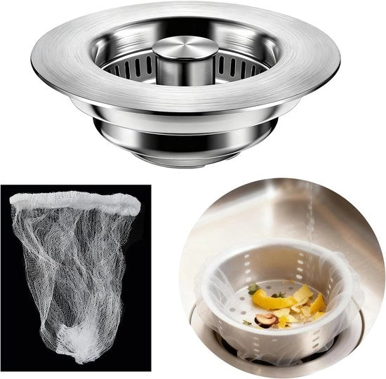 Set di scarico e set di setole, 3-in-1 scarico a scomparsa in acciaio inossidabile, pop-up, 7 pezzi, adatto per aperture di scarico da 75-87mm, comprensivo di 30 sacchetti di setole e profondità > 37mm