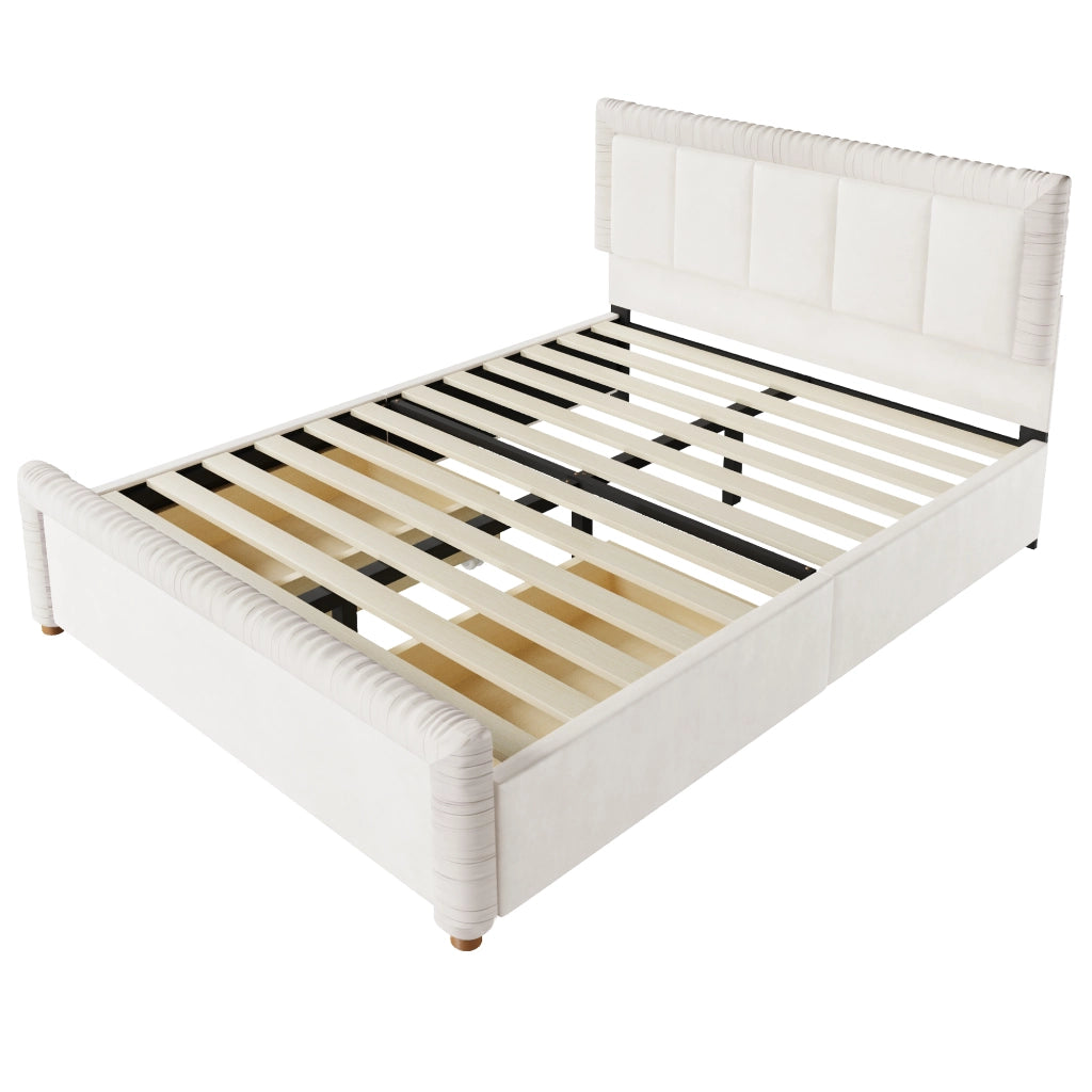 Letto imbottito 140x200 cm in velluto beige con 2 cassetti contenitore