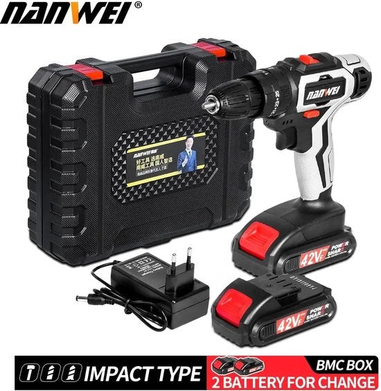 Accuboormacchina elettrica - Funezione d'urto - 10mm - 42V - Con scatola di trasporto - 2 batterie