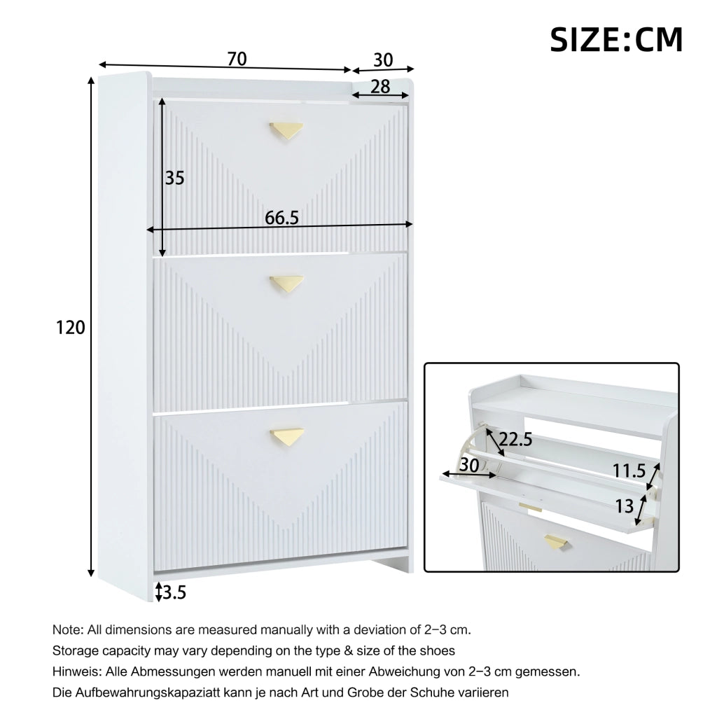 Scarpiera con 3 ante ribaltabili e 6 vani, ripiani regolabili, per ingresso, in MDF, bianco, 70 × 30 × 120 cm
