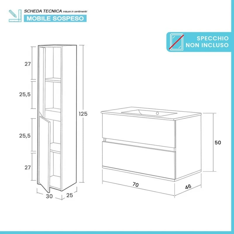 Mobile bagno sospeso 70 cm rovere naturale con pensile H 125 Nadia