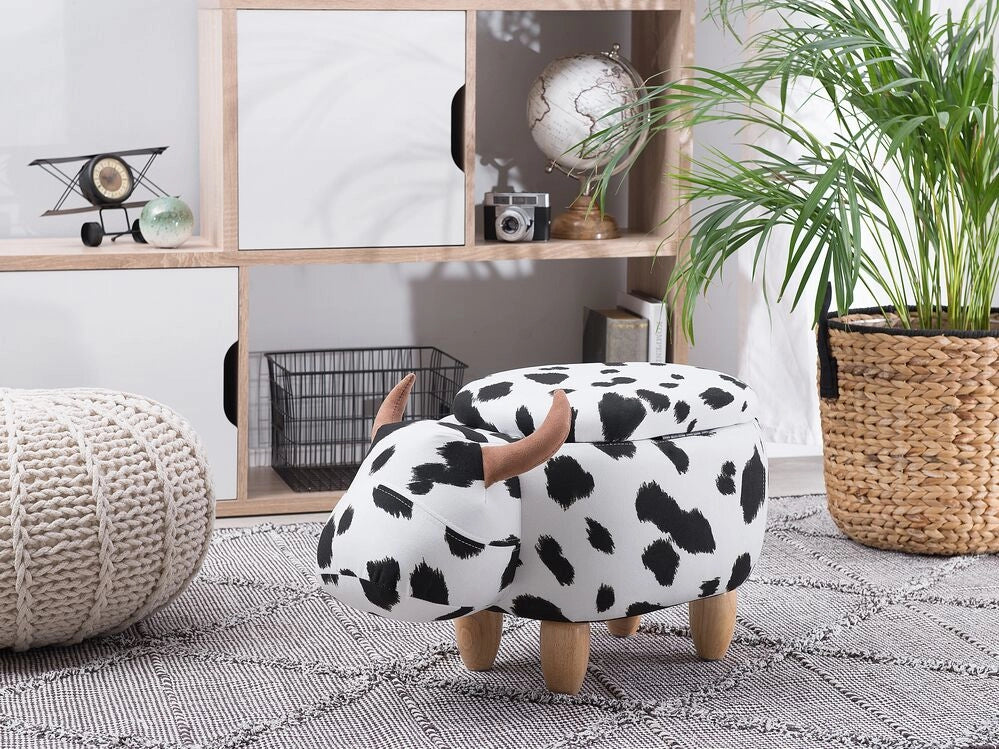 Sgabello per bambini Animale Mucca con contenitore Poggiapiedi per bambini in finta pelle nera e bianca con gambe in legno