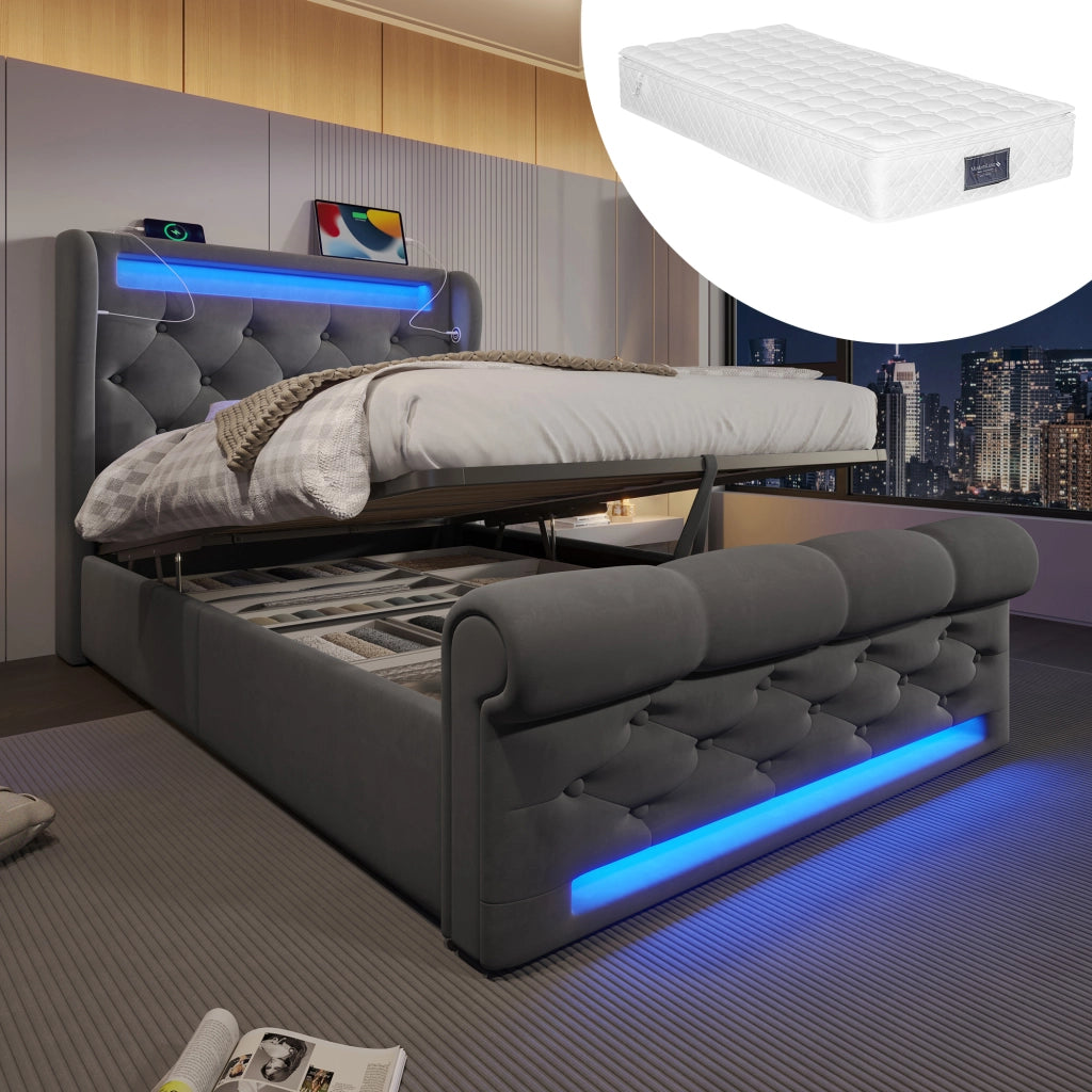 Letto singolo moderno – 90x200 cm – LED USBC contenitore con materasso – velluto grigio